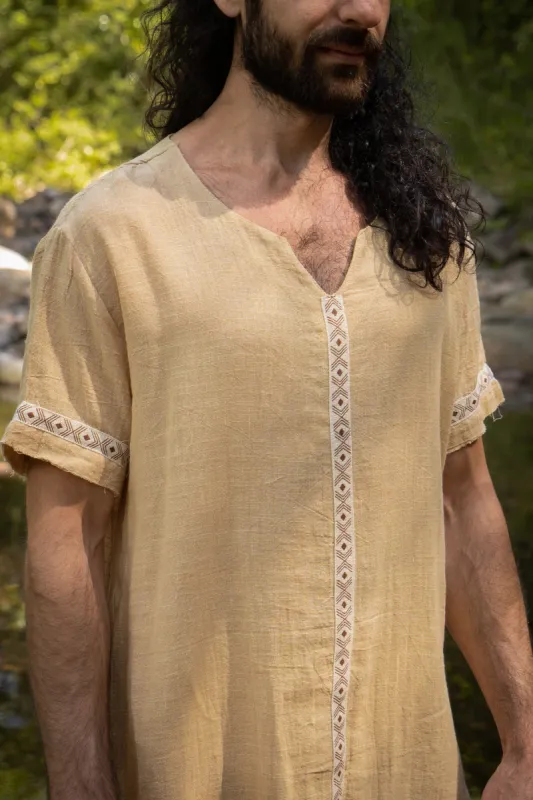 IKRAN Mustard Mens Cotton T Shirt Top Stone Washed Naturally Dyed Tribal Open V Neck Breathable Festival Ceremony Ritual Shaman AJJAYA sold by Ajjaya