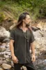 IKRAN Mustard Mens Cotton T Shirt Top Stone Washed Naturally Dyed Tribal Open V Neck Breathable Festival Ceremony Ritual Shaman AJJAYA sold by Ajjaya