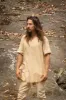 IKRAN Mustard Mens Cotton T Shirt Top Stone Washed Naturally Dyed Tribal Open V Neck Breathable Festival Ceremony Ritual Shaman AJJAYA sold by Ajjaya