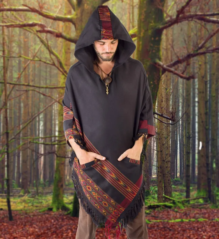 SAMADHI Black Mens Poncho Handmade with Large Hood and pockets Earthy Tribal Pattern Festival AJJAYA Primitive sold by Ajjaya