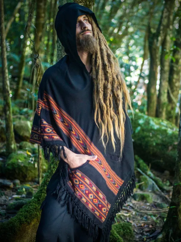 SAMADHI Black Poncho  Handmade with Large Hood and pockets Earthy Tribal Pattern Festival AJJAYA Mens Mexican sold by Ajjaya
