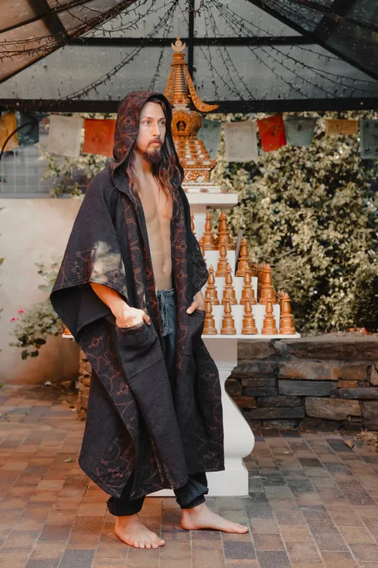 AYAWA Black Icaro Hooded Kimono Cape Poncho Robe Shipibo Sacred Patterns Ceremony Ritual Shaman Tribal Shawl Viking Festival Wrap AJJAYA sold by Ajjaya