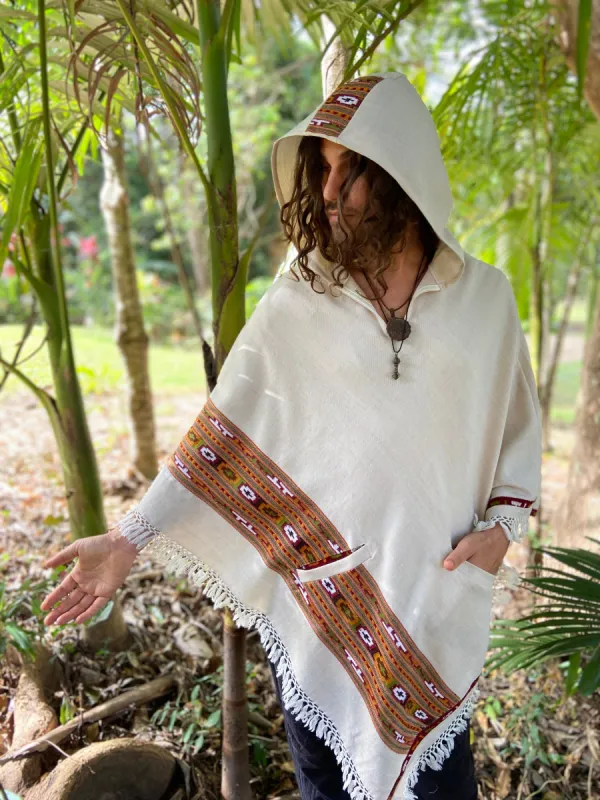 VIRIYA Poncho Ivory White Handwoven Wool Premium Pure Cashmere Winter Zen Embroidery Boho Gypsy Festival Rave Mexican Aztec Celtic AJJAYA sold by Ajjaya