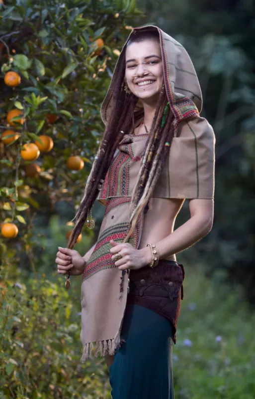 Handmade Hooded Scarf with Hood Kashmiri Light Wool, Grey Brown Hoodie Earthy Tribal Festival Gypsy AJJAYA Winter Nomadic Primitive Natural sold by Ajjaya