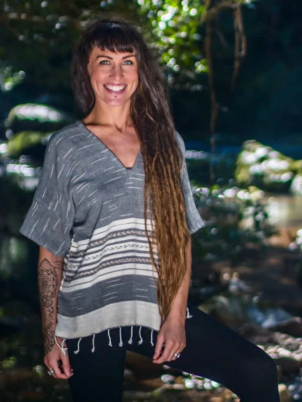 Handmade Hand Woven Women's Bohemian Top Grey Tank T Shirt Tunic Top Natural Dyed Cotton From Leaf and Bark Gypsy Desert Primitive Festival Boho sold by Ajjaya