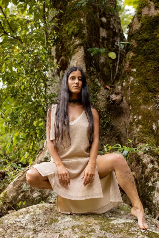 SAANUK Beige Maxi Cotton Dress Pockets Boho Peasant Bridesmaid Gypsy Earthy Bohemian Festival Ceremony Ritual Shamanic Sacred Simple AJJAYA sold by Ajjaya