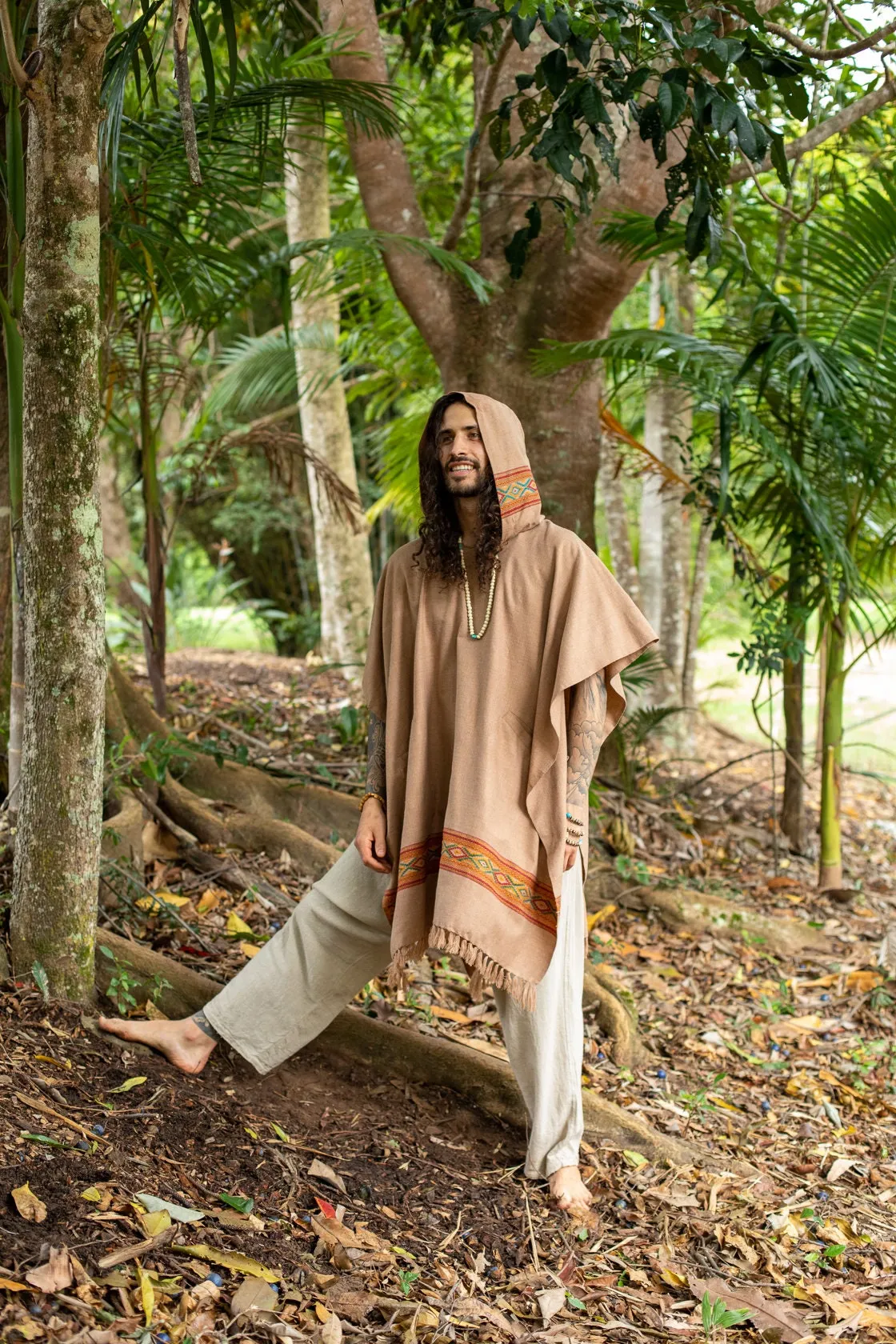 UPEKKHA Brown Mens Hooded Poncho Long with Tribal Embroidery, Large Hood, Pockets, Hippie, Primitive, Boho, AJJAYA sold by Ajjaya product image thumbnail 4