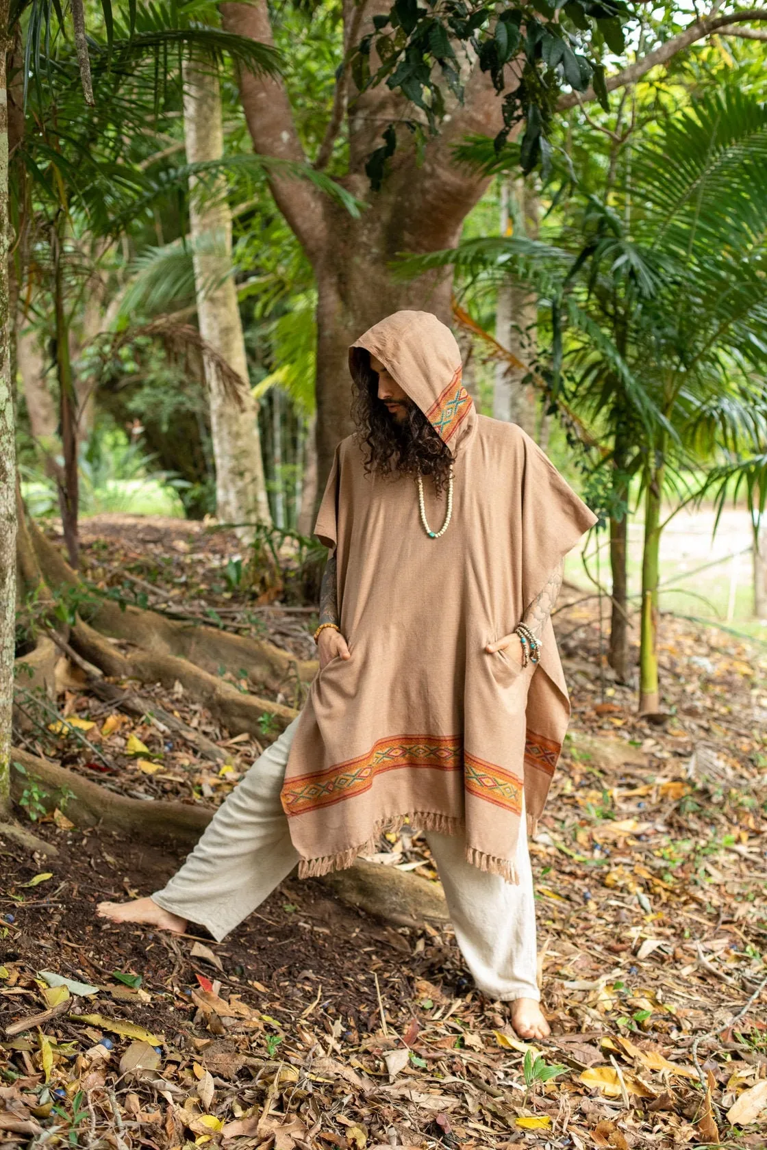 UPEKKHA Brown Mens Hooded Poncho Long with Tribal Embroidery, Large Hood, Pockets, Hippie, Primitive, Boho, AJJAYA sold by Ajjaya