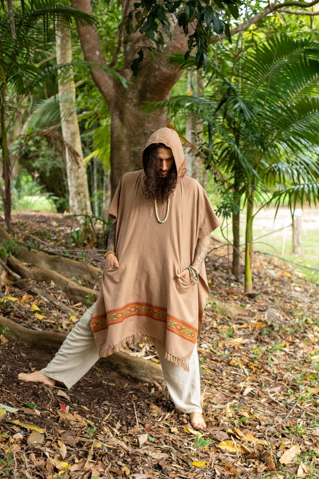 UPEKKHA Brown Mens Hooded Poncho Long with Tribal Embroidery, Large Hood, Pockets, Hippie, Primitive, Boho, AJJAYA sold by Ajjaya product image thumbnail 5