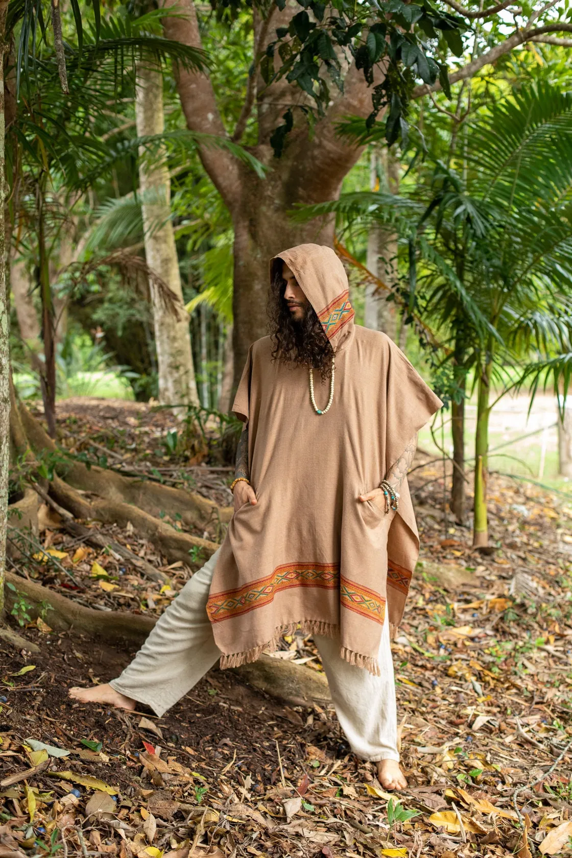 UPEKKHA Brown Mens Hooded Poncho Long with Tribal Embroidery, Large Hood, Pockets, Hippie, Primitive, Boho, AJJAYA sold by Ajjaya product image thumbnail 2