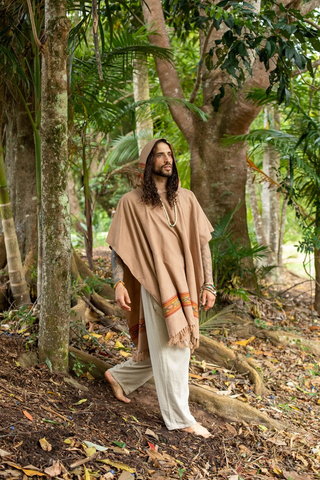 UPEKKHA Brown Mens Hooded Poncho Long with Tribal Embroidery, Large Hood, Pockets, Hippie, Primitive, Boho, AJJAYA sold by Ajjaya product image thumbnail 3