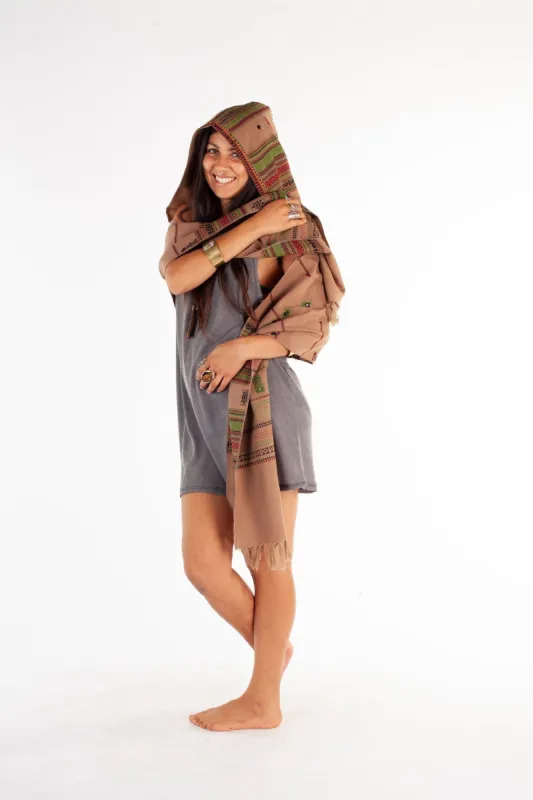 Handmade Hooded Scarf with Hood Light Wool Desert Sand, Earthy Tribal Pattern Festival Gypsy AJJAYA Rave Boho Nomadic Primitive Natural sold by Ajjaya