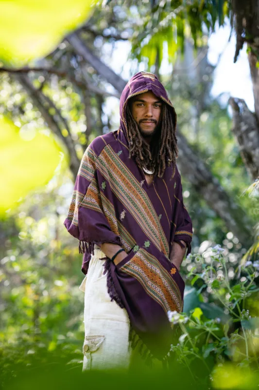 HODDI Mens Hooded Poncho Indigo Purple Maroon  Hood pockets Earthy Tribal Celtic Festival AJJAYA Mexican Primitive sold by Ajjaya
