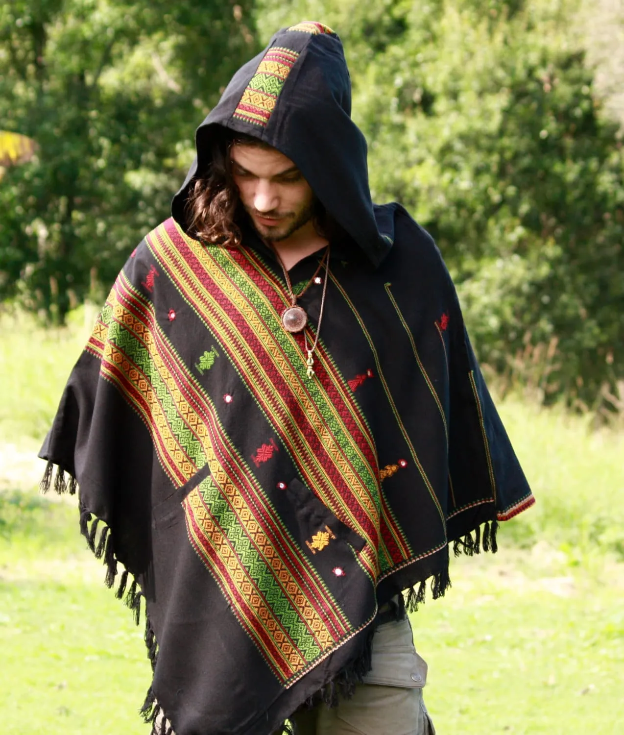 HODDI Black Poncho with Hood Cashmere and Acrylic Wool Earthy Tribal Pattern Festival Gypsy AJJAYA Mens Primitive Nomadic Mexican pockets sold by Ajjaya product image thumbnail 2