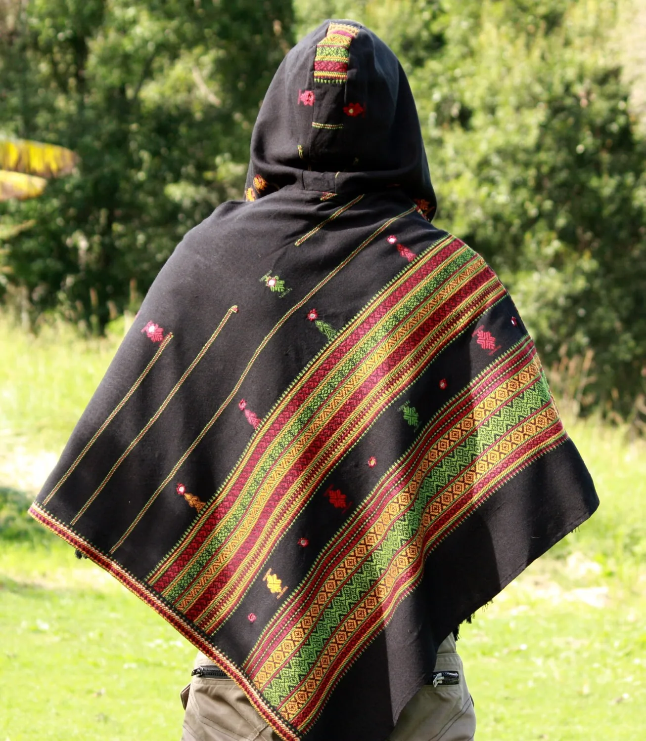 HODDI Black Poncho with Hood Cashmere and Acrylic Wool Earthy Tribal Pattern Festival Gypsy AJJAYA Mens Primitive Nomadic Mexican pockets sold by Ajjaya product image thumbnail 3