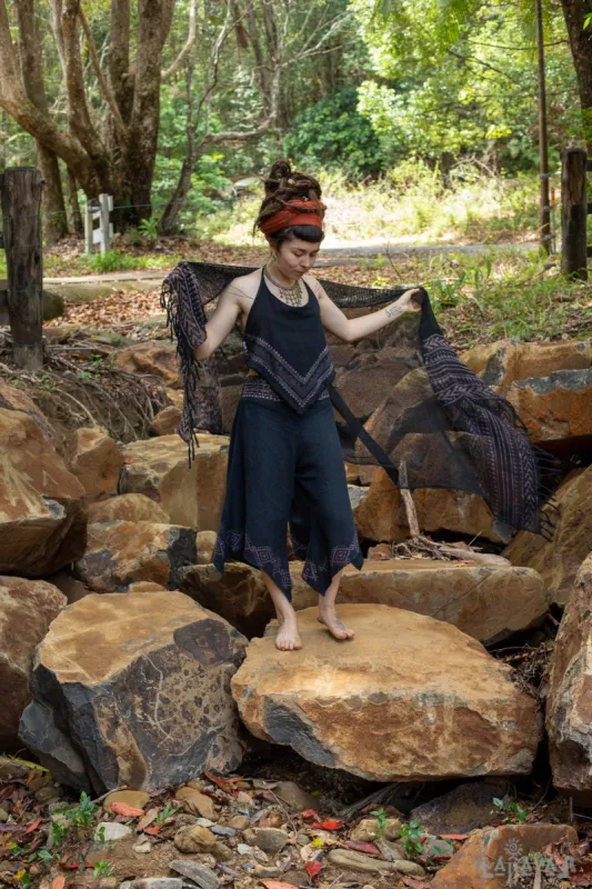 BREEZE Black Handwoven Cotton Scarf Sarong Dreads Hairband Naturally Dyed Wrap Block Printed Breathable Festival Gypsy Tribal Savage AJJAYA sold by Ajjaya