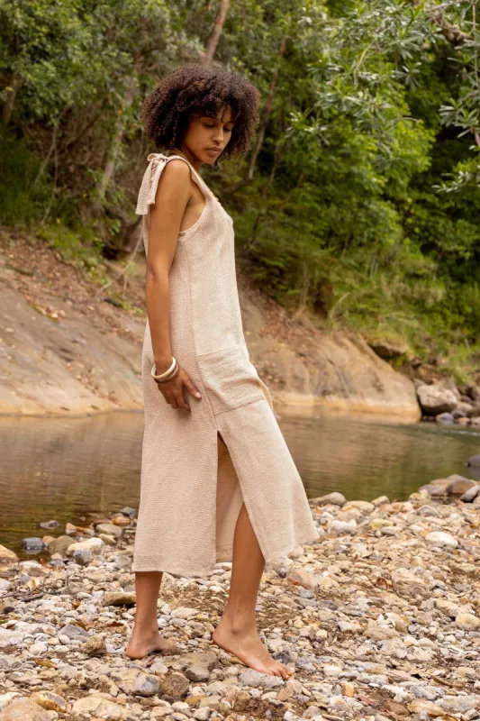 SAANUK Dress Beige Maxi Cotton Pockets Boho Peasant Bridesmaid Gypsy Earthy Bohemian Festival Ceremony Ritual Shamanic Sacred Simple AJJAYA sold by Ajjaya