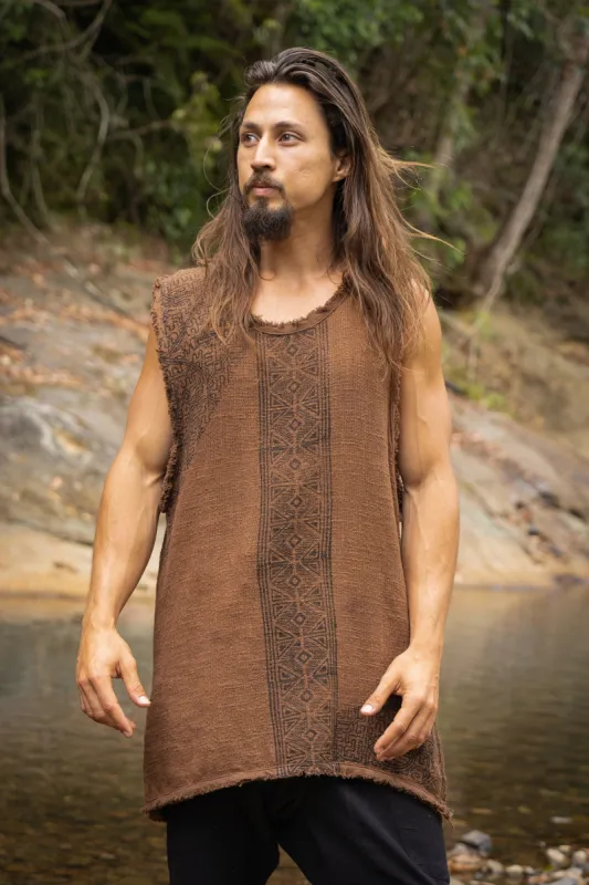 AKAU Brown Tank Top Sleeveless Shirt Shipibo Block Printed Handmade Natural Muscle Cotton Shamanic Tribal Festival Ceremony Ritual AJJAYA made by Ajjaya