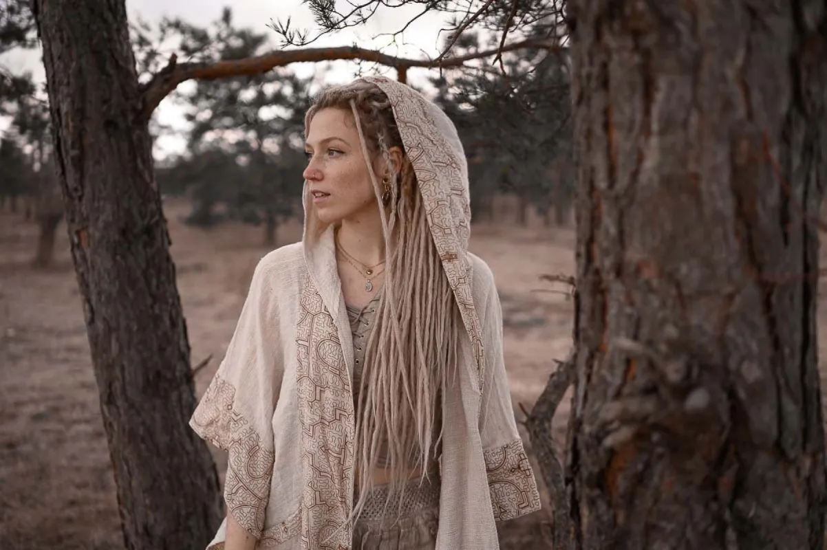 AYAWA Hooded Womens Kimono Beige Cream Cape Poncho Shipibo Sacred Patterns Ceremony Ritual Shaman Tribal Shawl Viking Festival Wrap AJJAYA sold by Ajjaya