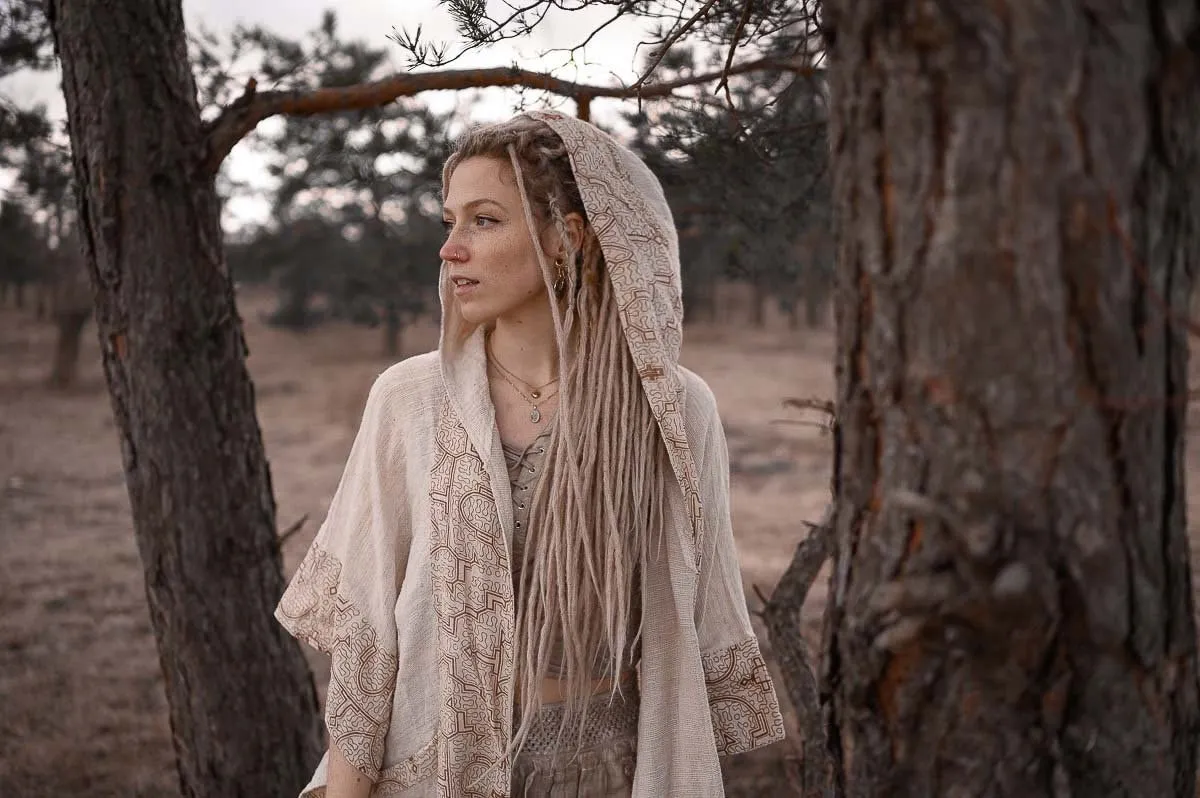 AYAWA Hooded Womens Kimono Beige Cream Cape Poncho Shipibo Sacred