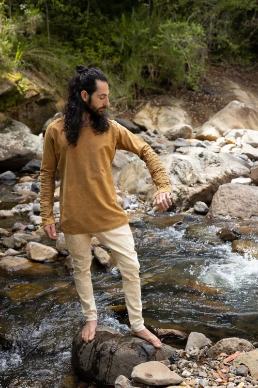 JAMIS Rustic Orange Mens Jumper Long Sleeve Top Pullover Handmade Apocalyptic Dune Rugged Stone Washed Primitive Festival Steampunk AJJAYA made by Ajjaya