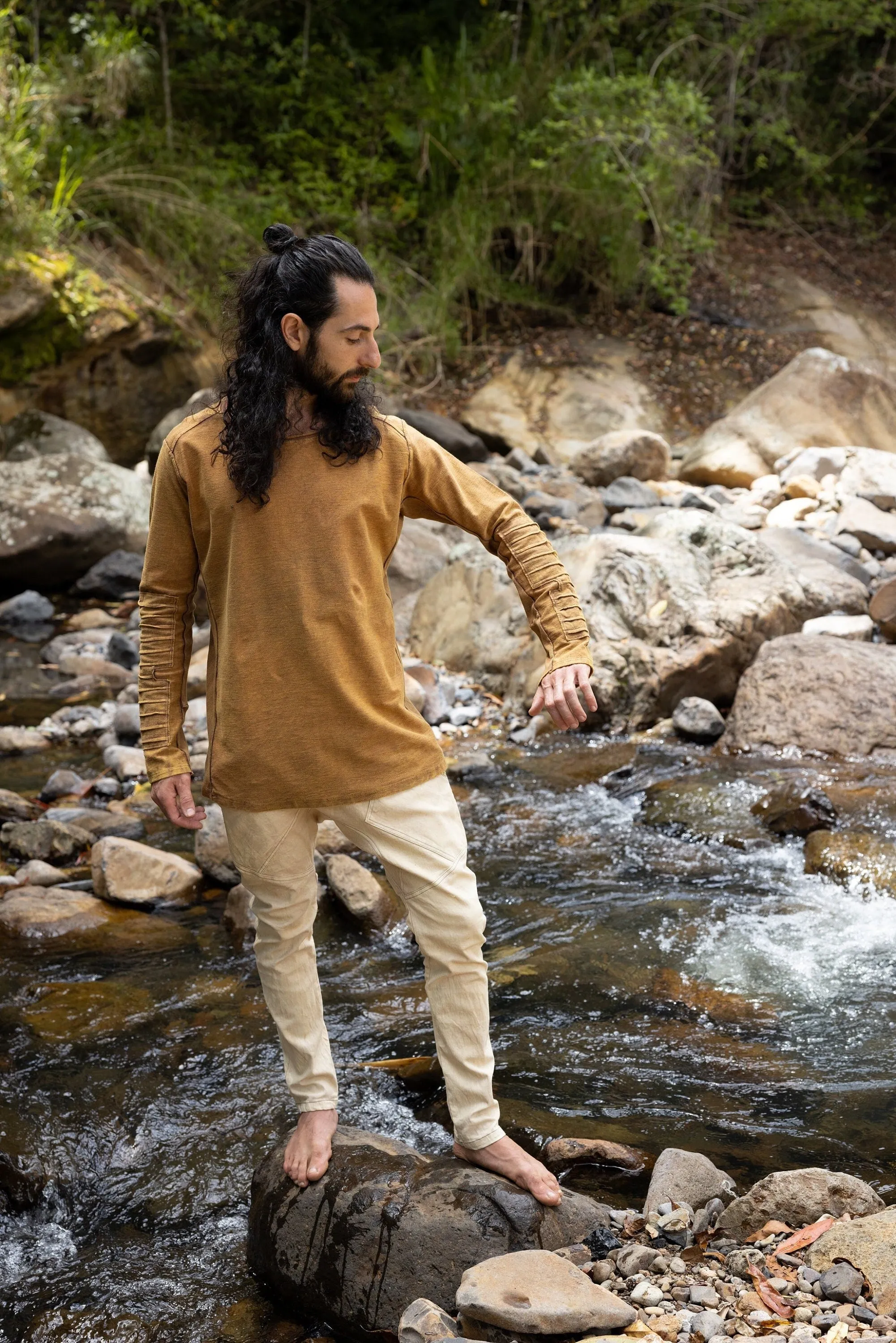 JAMIS Rustic Orange Mens Jumper Long Sleeve Top Pullover Handmade Apocalyptic Dune Rugged Stone Washed Primitive Festival Steampunk AJJAYA sold by Ajjaya