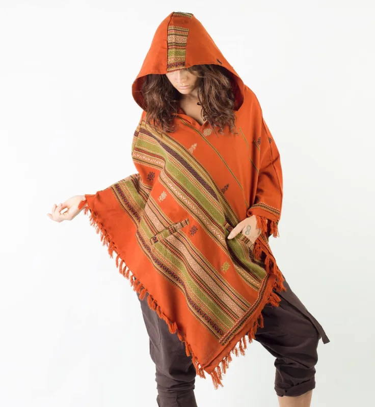 Womens Handmade Cashmere Poncho with Large Hoodie Orange Wool Earthy Tribal Pattern Festival Gypsy AJJAYA Bohemian Hari Primitive Natural sold by Ajjaya
