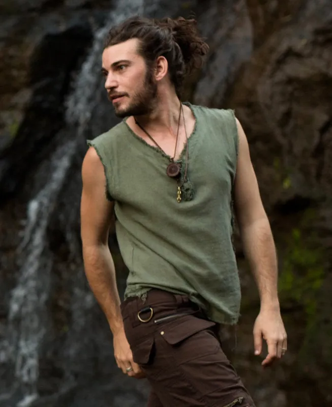 Handmade Green Men's Tribal Shirt Neo Gypsy Sleeveless Earthy Top, Tank Jungle Open Neck Festival Rave AJJAYA Nomadic Primitive made by Ajjaya