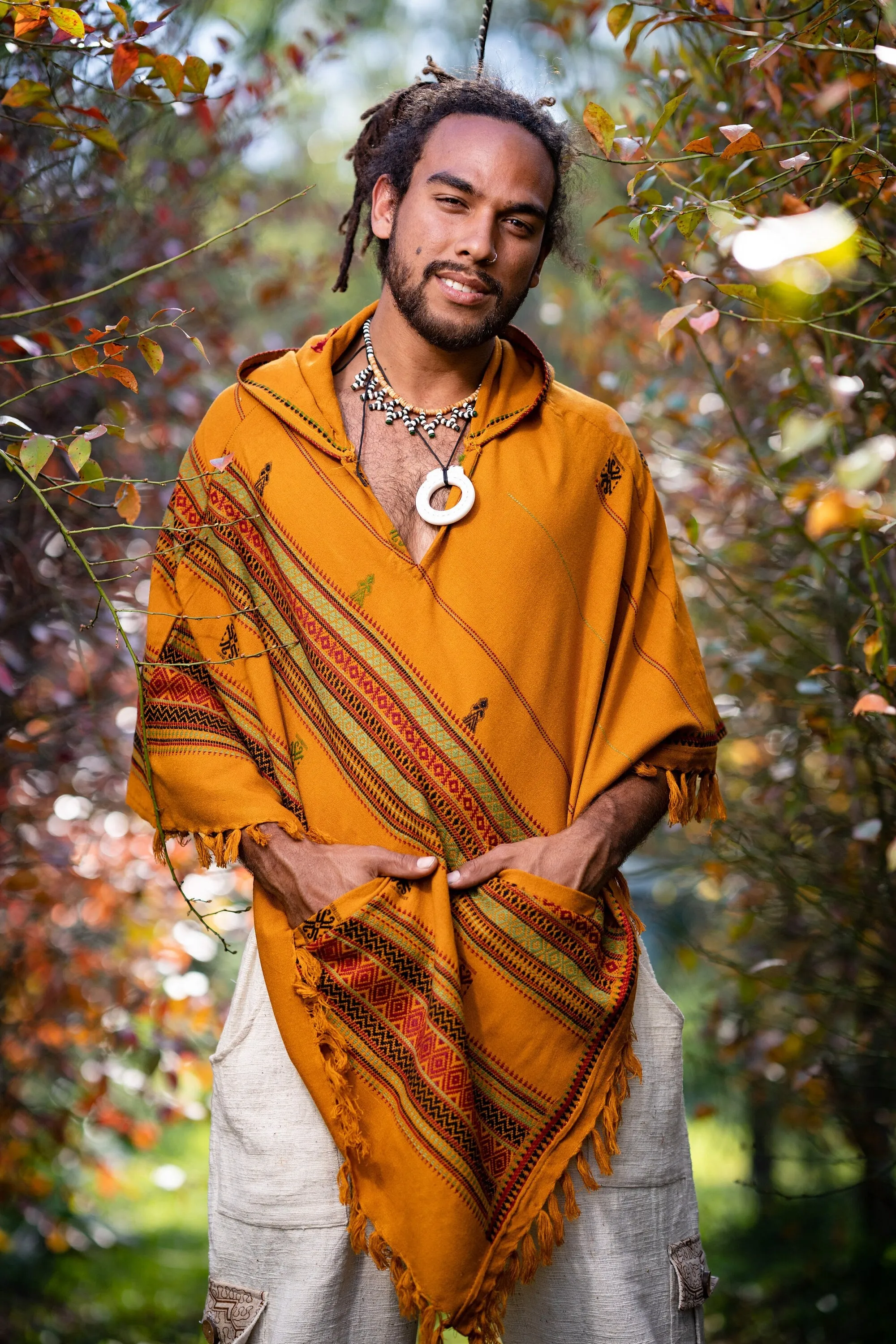 HODDI Mens Hooded Poncho Curry Orange Pockets Tribal Embroidery Celtic Festival Mexican Primitive Big Hood AJJAYA sold by Ajjaya product image thumbnail 4