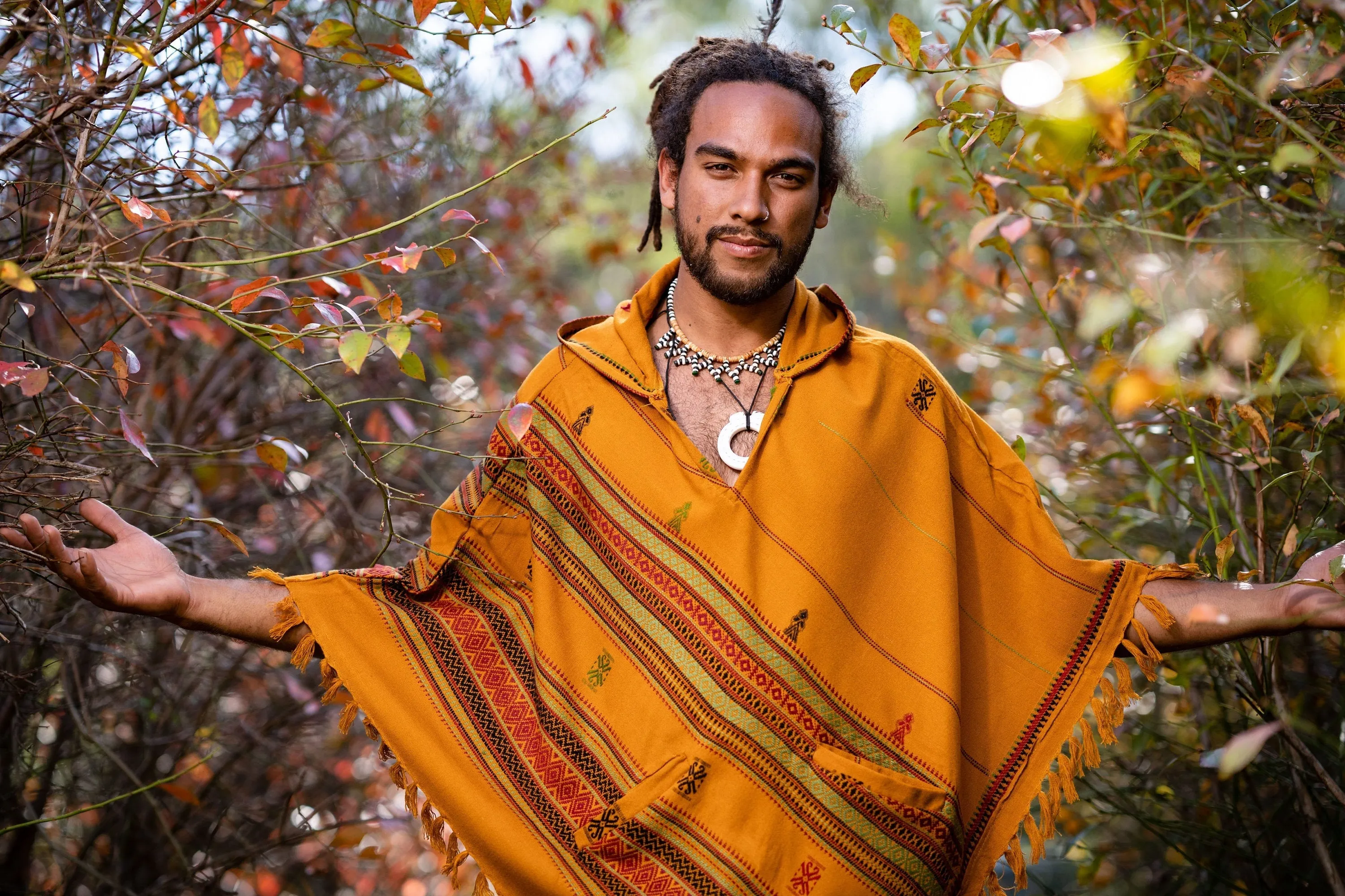 HODDI Mens Hooded Poncho Curry Orange Pockets Tribal Embroidery Celtic Festival Mexican Primitive Big Hood AJJAYA sold by Ajjaya