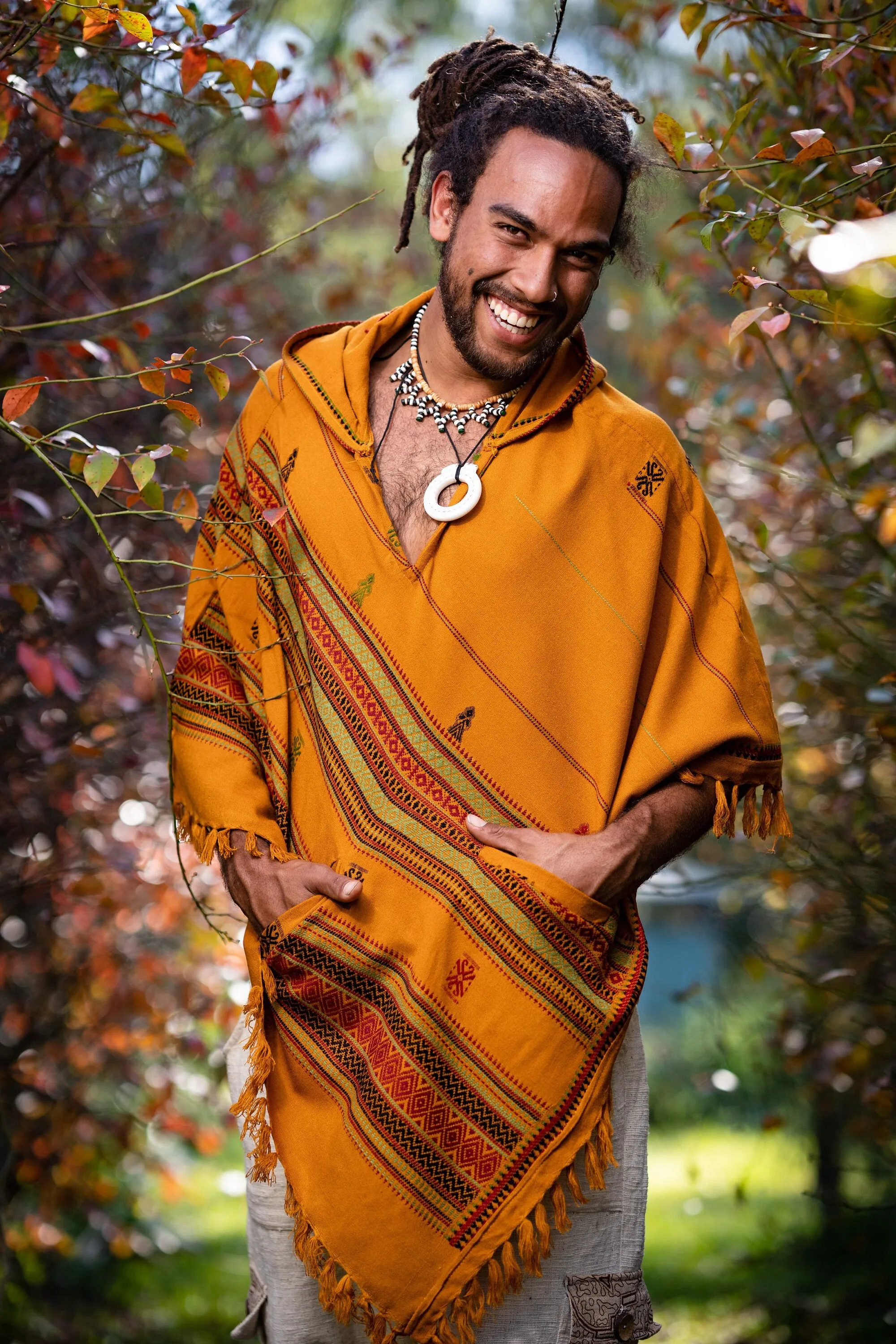 HODDI Mens Hooded Poncho Curry Orange Pockets Tribal Embroidery Celtic Festival Mexican Primitive Big Hood AJJAYA sold by Ajjaya product image thumbnail 5