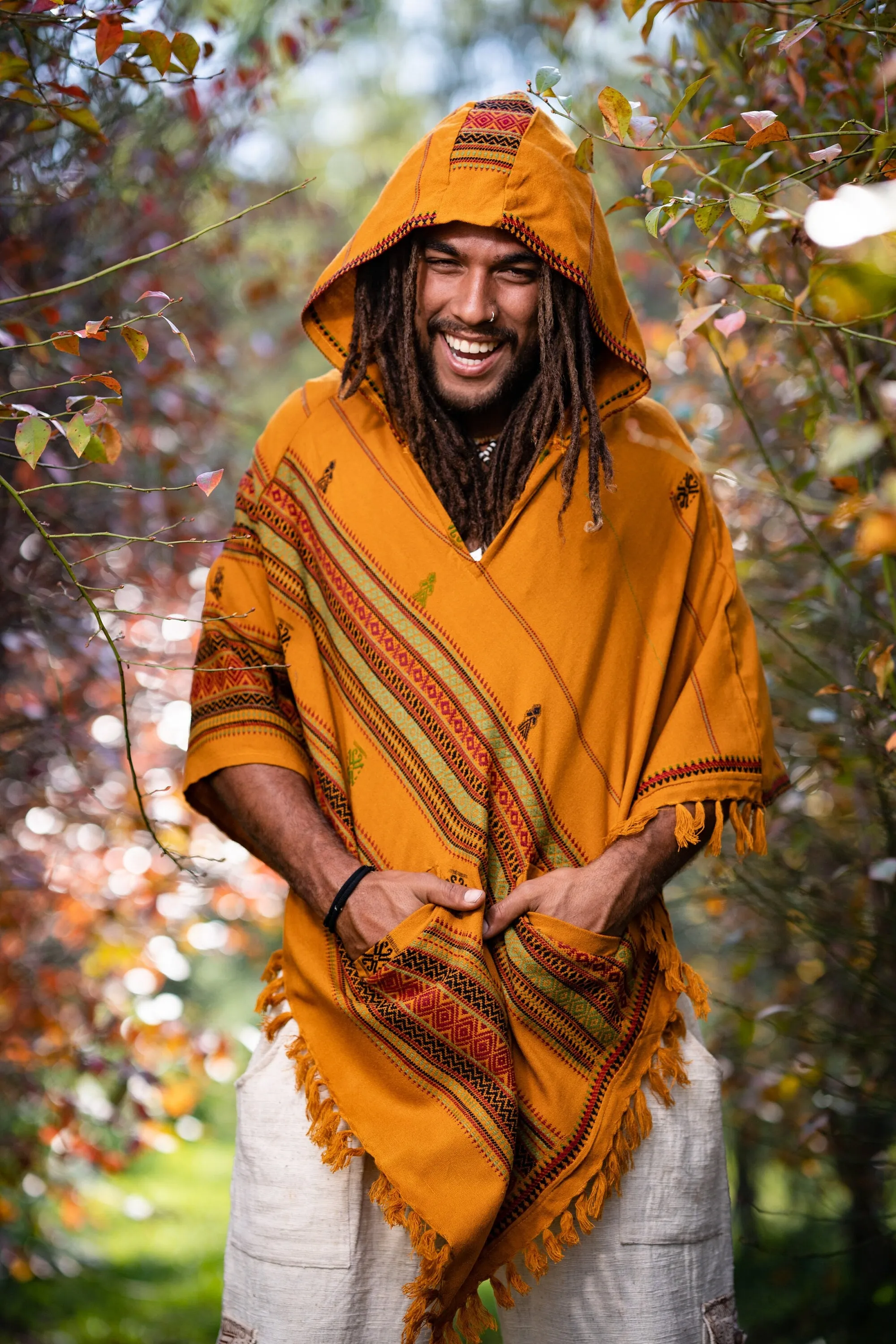 HODDI Mens Hooded Poncho Curry Orange Pockets Tribal Embroidery Celtic Festival Mexican Primitive Big Hood AJJAYA sold by Ajjaya product image thumbnail 2