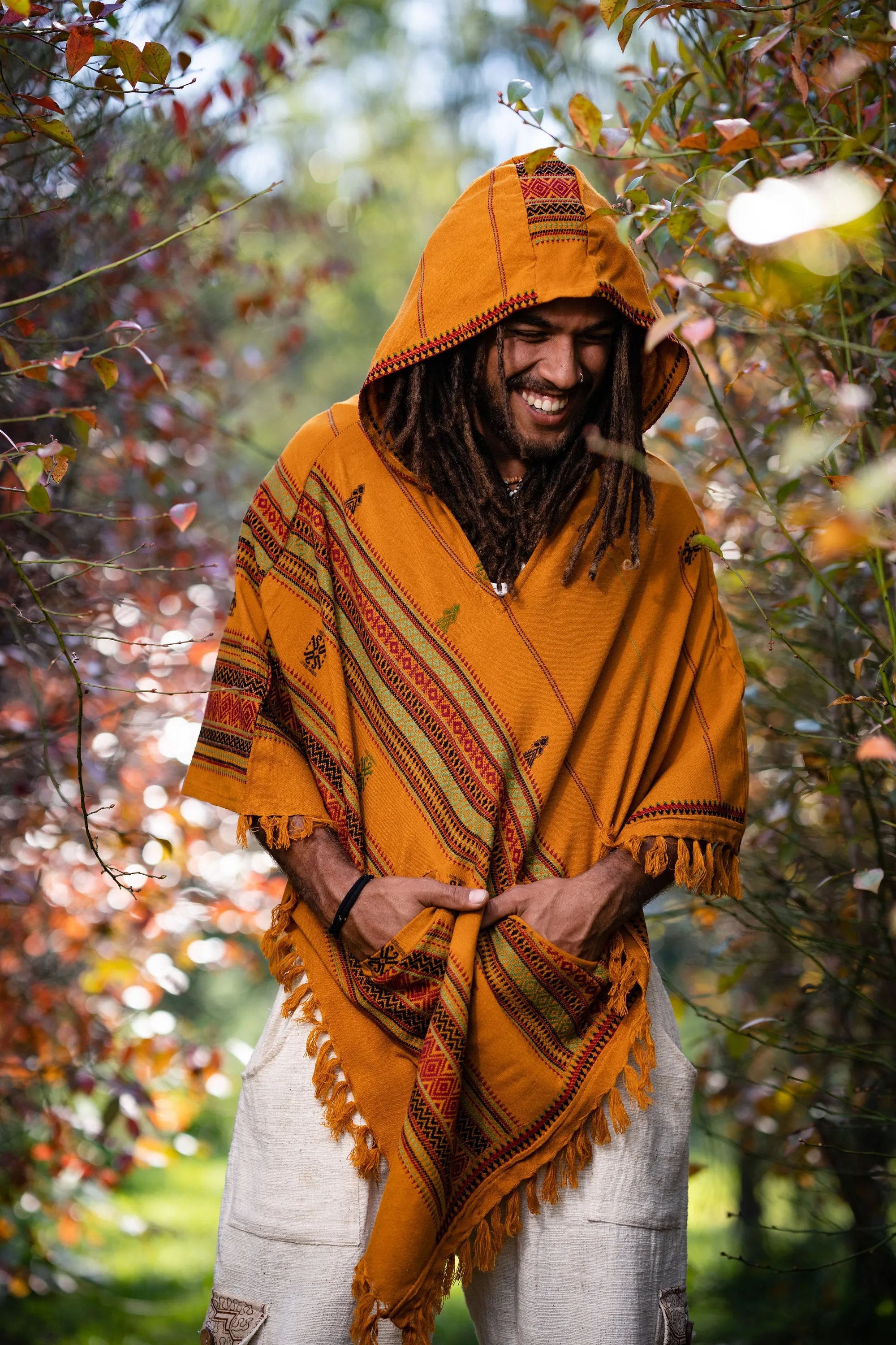 HODDI Mens Hooded Poncho Curry Orange Pockets Tribal Embroidery Celtic Festival Mexican Primitive Big Hood AJJAYA sold by Ajjaya product image thumbnail 3