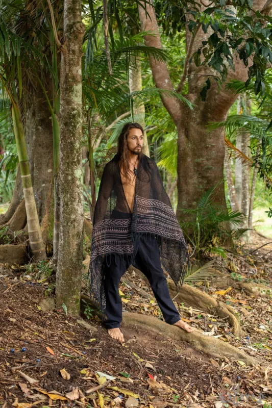 BREEZE Handwoven Black Cotton Scarf Sarong Dreads Hairband Naturally Dyed Wrap Block Printed Breathable Festival Gypsy Tribal Savage AJJAYA sold by Ajjaya