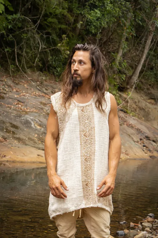 AKAU Beige Tank Top Sleeveless Shirt Shipibo Block Printed Handmade Natural Muscle Cotton Shamanic Tribal Festival Ritual Ceremony AJJAYA made by Ajjaya