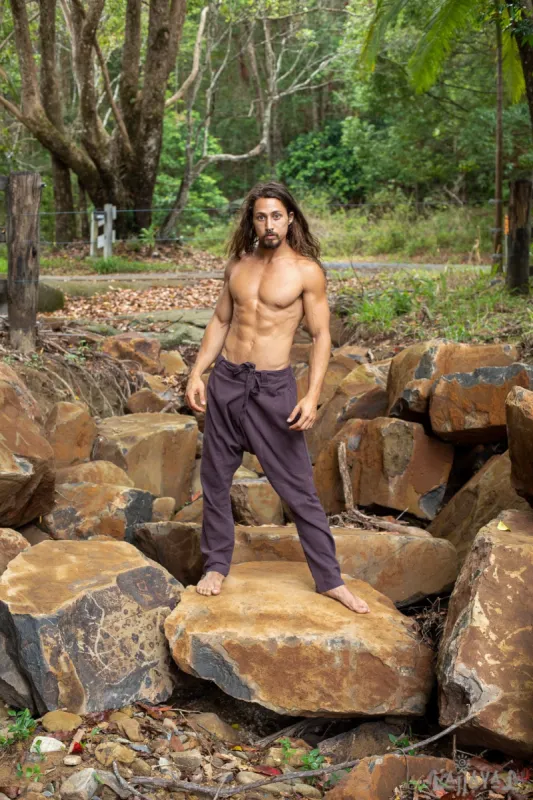 Mens Cotton Pants Brown Drop Crotch Harem Alibaba Yoga Comfortable Breathable One Size Loose Fit Festival Boho Hippie Natural Earthy AJJAYA sold by Ajjaya