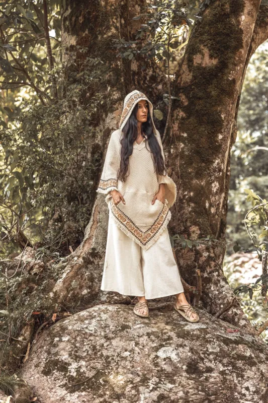 VECHO Poncho Beige Womens Hooded Vegan Textured Cotton with Block Printed Tribal Pattern Gypsy Festival Boho ceremony AJJAYA sold by Ajjaya