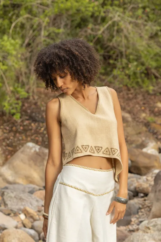 ELLA Asymmetric Crop Top Yoga Sleeveless Natural Cotton Block Printed Tribal Patterns V Neck Tank Shirt Festival Ceremony Pixie Boho AJJAYA sold by Ajjaya