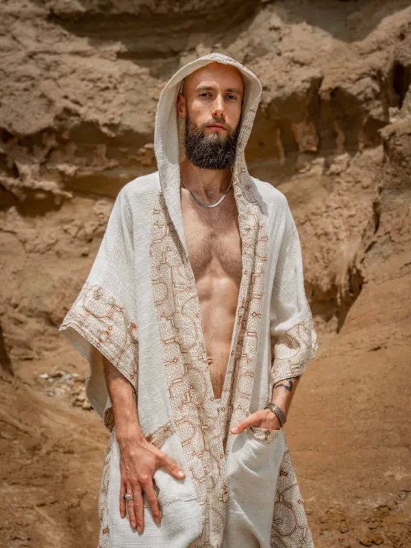 AYAWA Hooded Kimono Beige Cream Cape Poncho Robe Shipibo Sacred Patterns Ceremony Ritual Shaman Tribal Shawl Viking Festival Wrap AJJAYA sold by Ajjaya