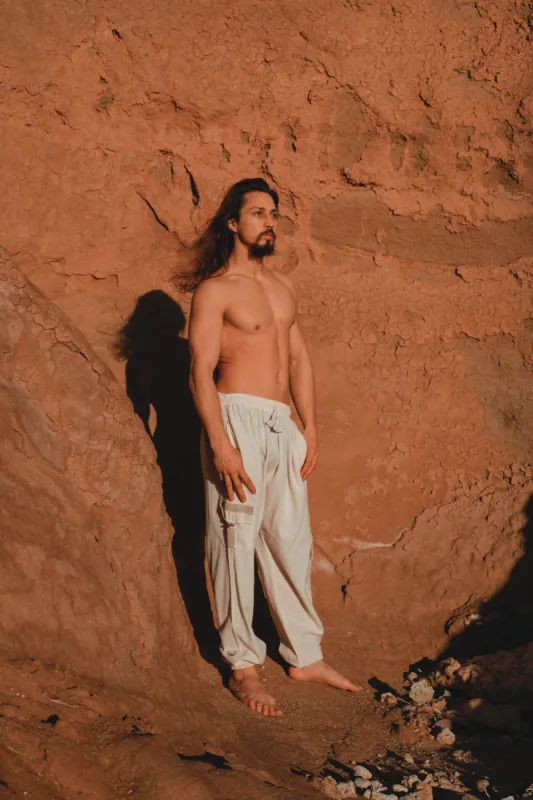 OKKO Organic Hemp and Cotton Mens Pants Beige, Handmade, Four Pockets, Eco friendly, Sustainable Comfortable Earthy Yoga Gypsy Boho AJJAYA sold by Ajjaya