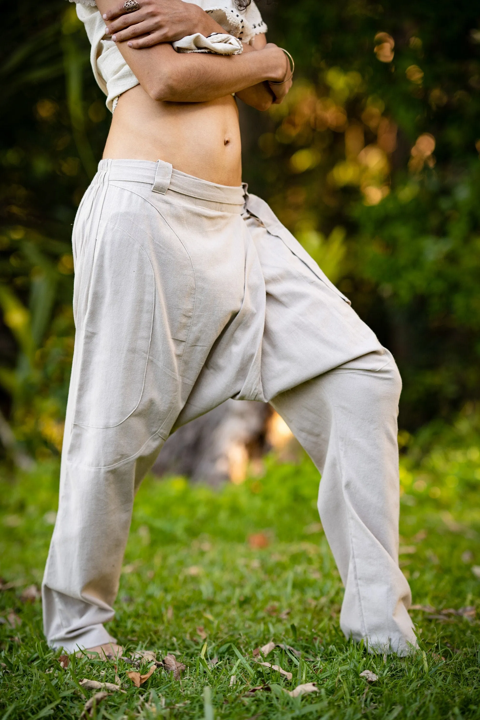 Beige Womens Drop Crotch Pants Afghani Harem, Primitive Handmade Comfortable Yoga Gypsy Boho Alibaba Aladdin Festival Goa two Pockets AJJAYA sold by Ajjaya