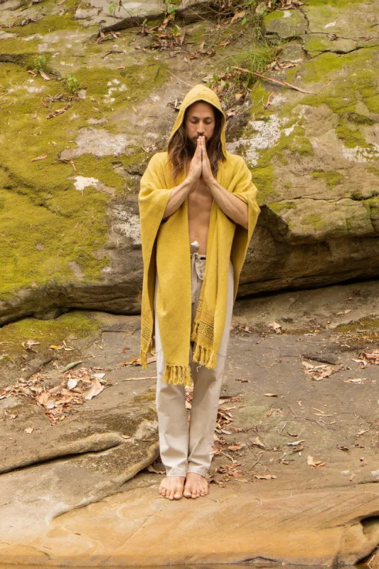 ANAGAMI Kimono Mustard Yellow Hooded Cape Poncho Robe Block Printed Natural Dyed Ceremony Ritual Shaman Tribal Alchemy Sacred Shawl AJJAYA sold by Ajjaya