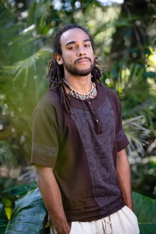 Mens WASKA Top Brown Sacred Plant Shipibo Shaman Pattern T Shirt Shamanic Neo Tribal Gypsy Ritual Festival Ceremony Ethnic Handmade AJJAYA sold by Ajjaya
