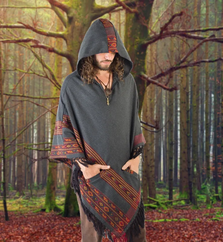 SAMADHI Dark Grey Mens Poncho Handmade Large Hood Pockets Earthy Tribal Pattern Festival AJJAYA Mexican sold by Ajjaya