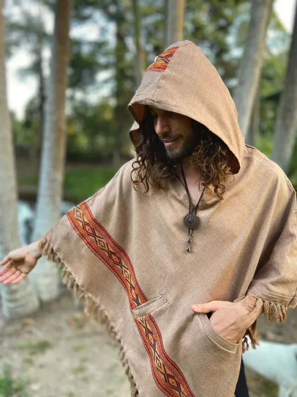UPEKKHA Hooded Poncho with Hood Chai Brown Handwoven Pockets Cashmere and Acrylic Wool Tibetan Zen Embroidery Primitive Mexican AJJAYA sold by Ajjaya