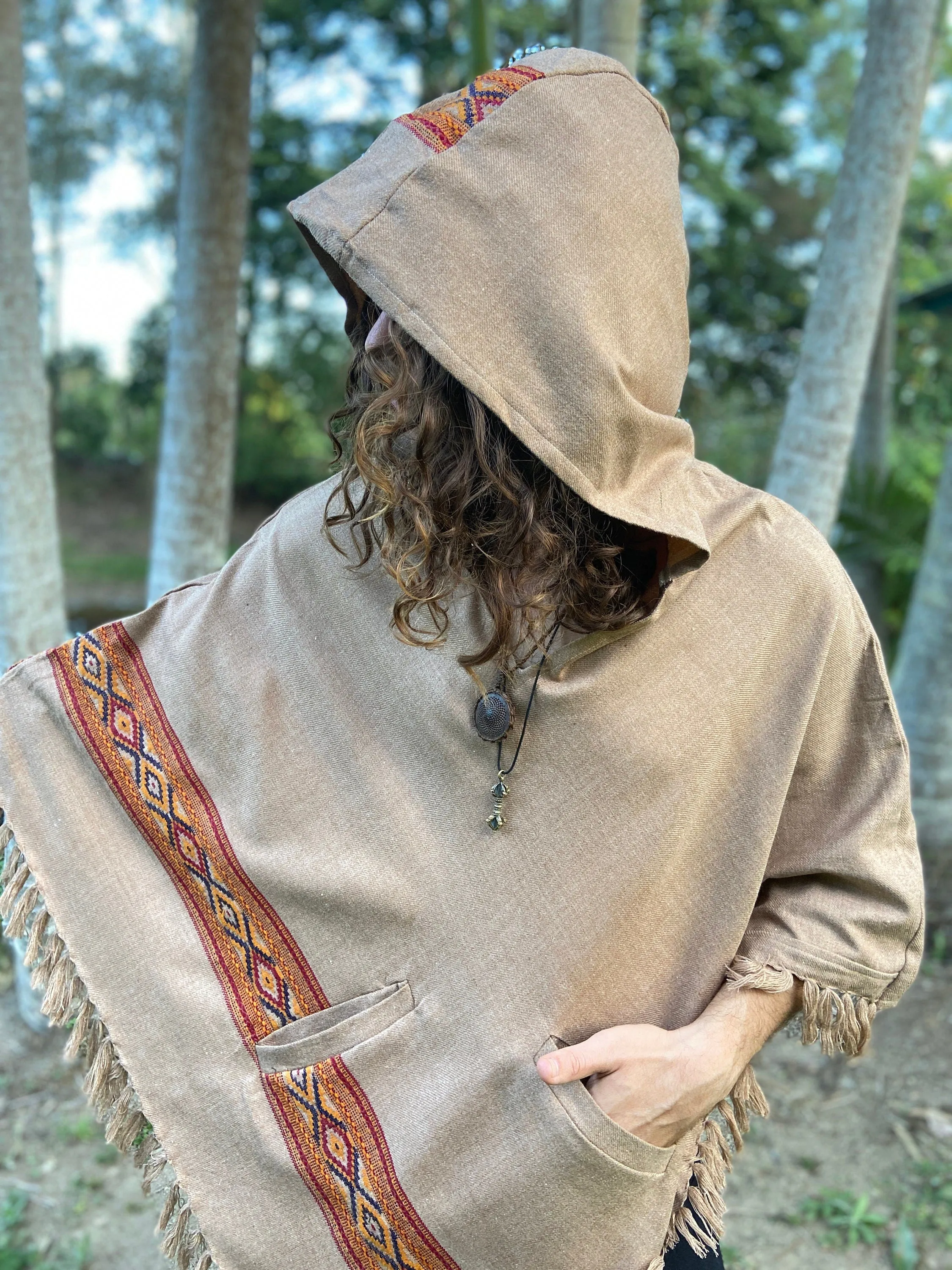 UPEKKHA Hooded Poncho with Hood Chai Brown Handwoven Pockets Cashmere and Acrylic Wool Tibetan Zen Embroidery Primitive Mexican AJJAYA sold by Ajjaya product image thumbnail 5