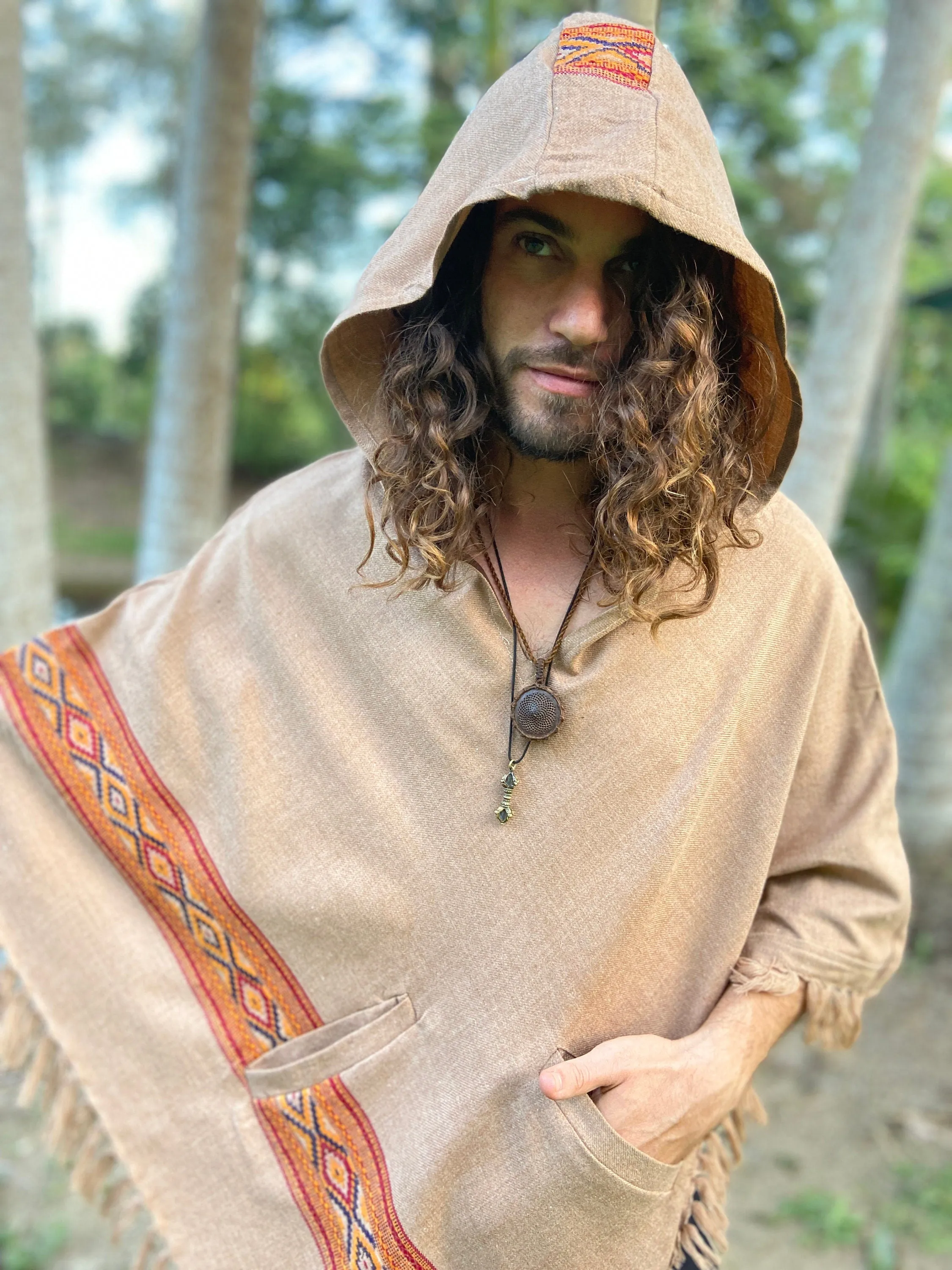 UPEKKHA Hooded Poncho with Hood Chai Brown Handwoven Pockets Cashmere and Acrylic Wool Tibetan Zen Embroidery Primitive Mexican AJJAYA sold by Ajjaya product image thumbnail 3