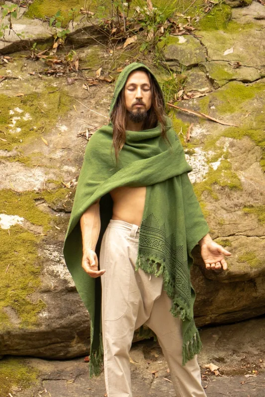 ANAGAMI Sage Green Hooded Kimono Cape Poncho Robe Block Printed Natural Dyed Ceremony Ritual Shaman Tribal Alchemy Sacred Shawl Wrap AJJAYA sold by Ajjaya