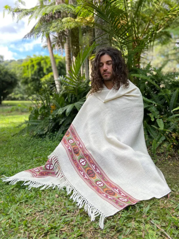 SATI Shawl Cream Beige Handwoven Wool Meditation Prayer Scarf Blanket Premium Pure Cashmere Winter Tribal Zen Embroidery Handmade AJJAYA sold by Ajjaya