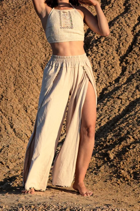 YANA Womens Pants Beige Slit Open Side, Natural Soft Cotton Goddess Belly Dance Flow Yoga Festival Boho Ceremony Pixie Fairy Tribal AJJAYA sold by Ajjaya